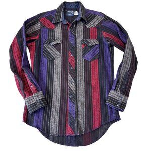 Wrangler Vintage Western Striped Snap Button Shirt Extra Long Tails Size 16-35